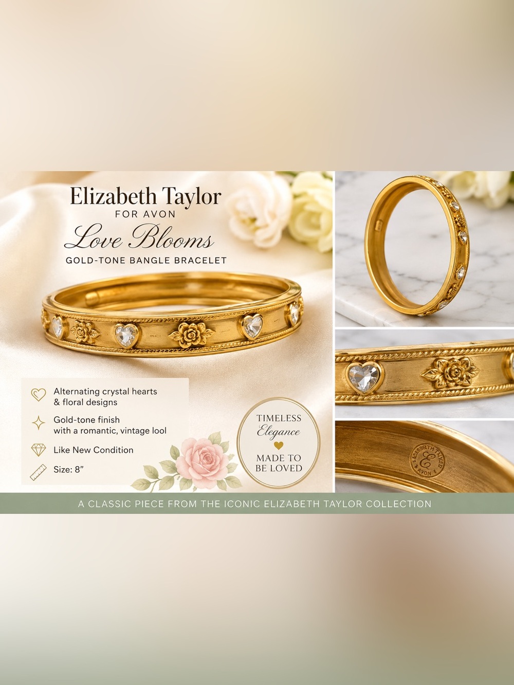 Elizabeth Taylor for Avon Gold-Tone Floral Bangle Bracelet with Clear Stones